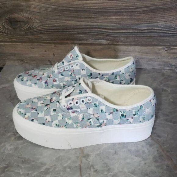 New Vans Authentic Stacked Woven Denim Floral Blue White Platform Shoes - Picture 6 of 8